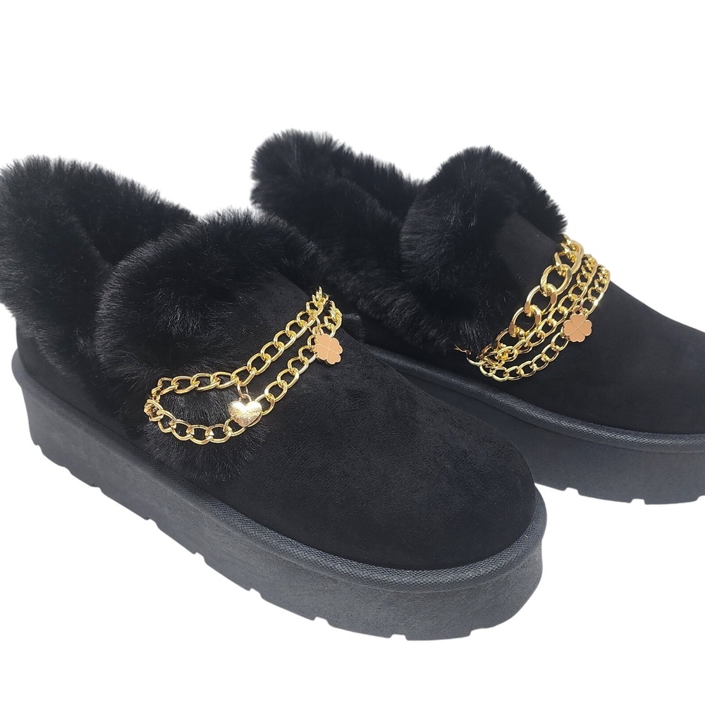 Fuzzy Black Suede Platform Slippers Gold Chain Accents Size‎ 12 Cute